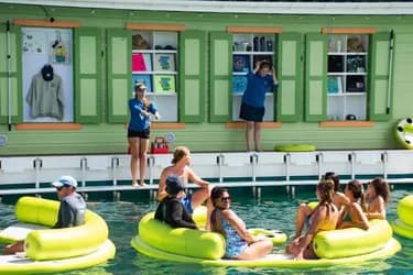 Guests swimming up to the Lime Out floating taco bar anchored off St. John, USVI